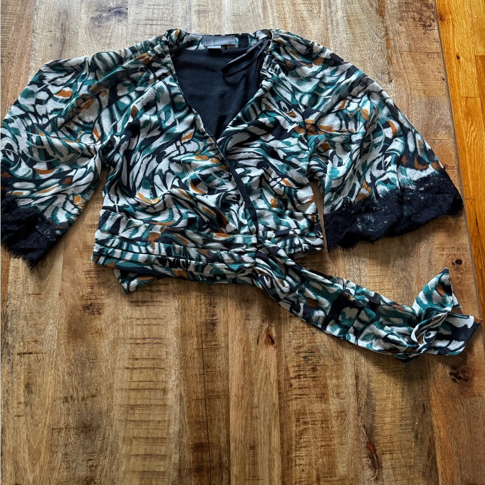 Anthropologie Multicolor Wrap Blouse with Black Lace